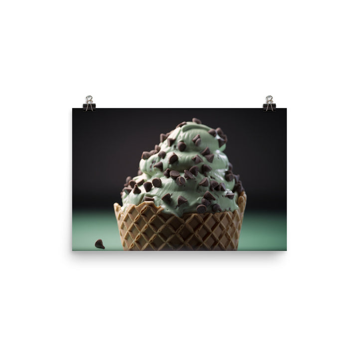 Mint Chocolate Chip Soft Serve Waffle Cone photo paper poster - Posterfy.AI