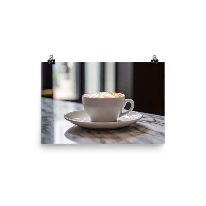 Flat white served in a white ceramic cup photo paper poster - Posterfy.AI