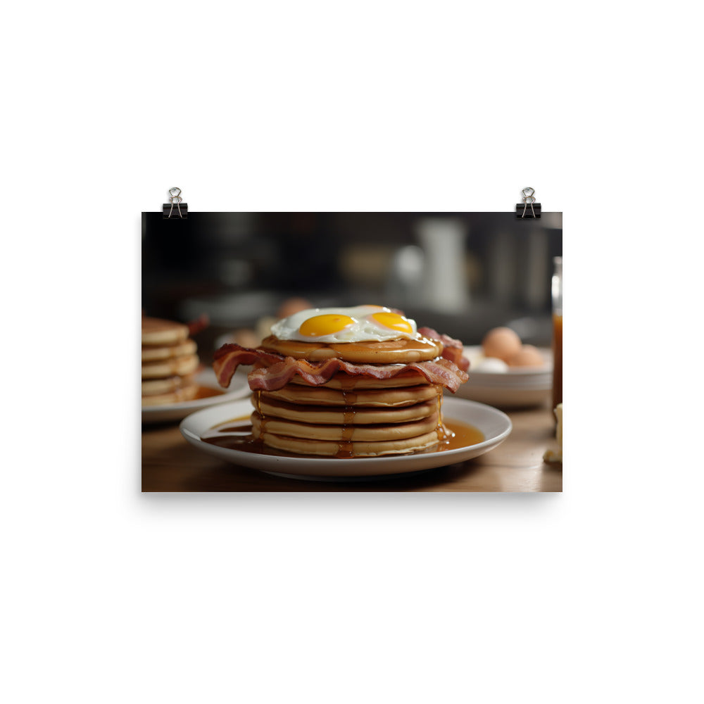 Pancakes and Waffles with Bacon and Eggs photo paper poster - Posterfy.AI