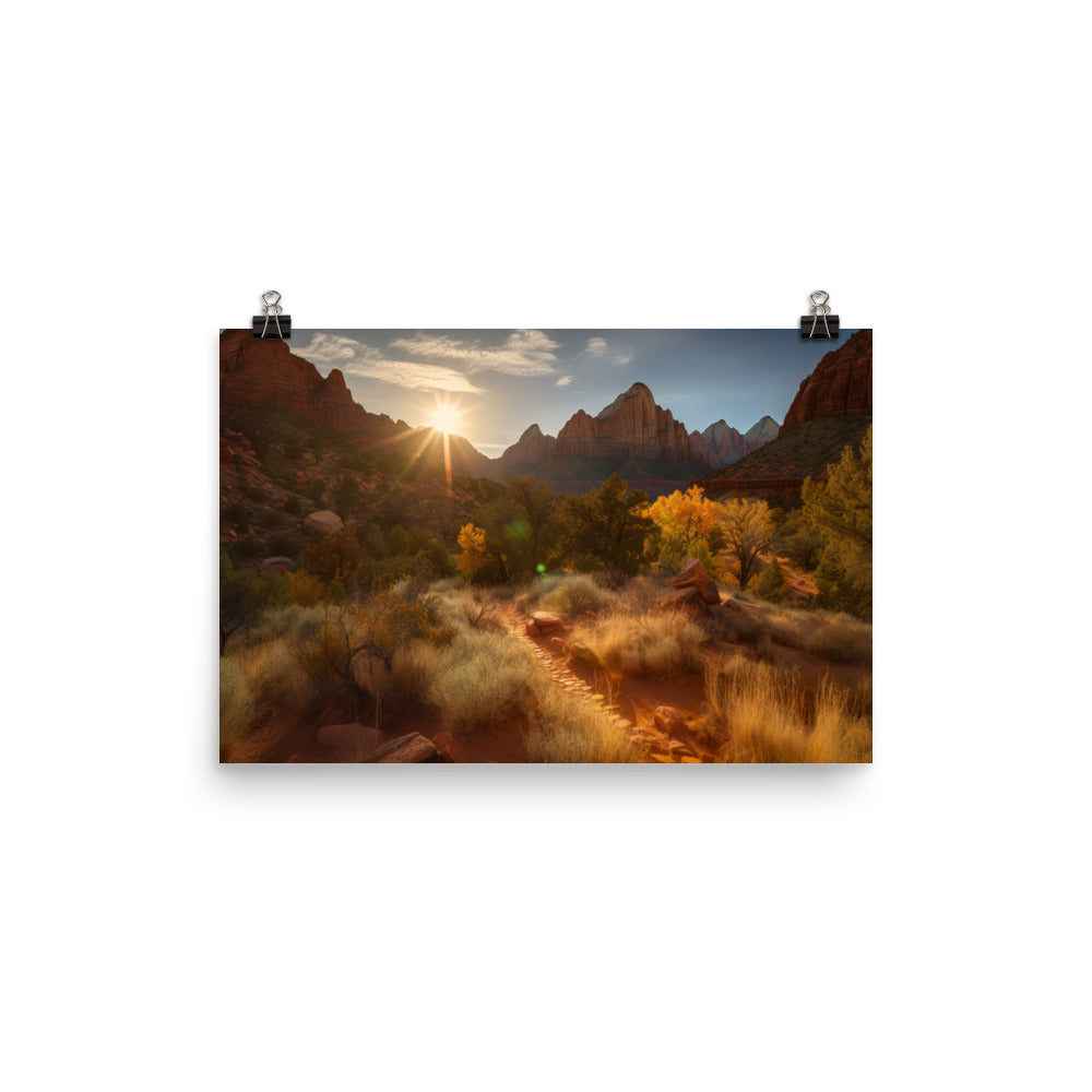 Witness the Suns Warm Embrace Over Zion photo paper poster - Posterfy.AI