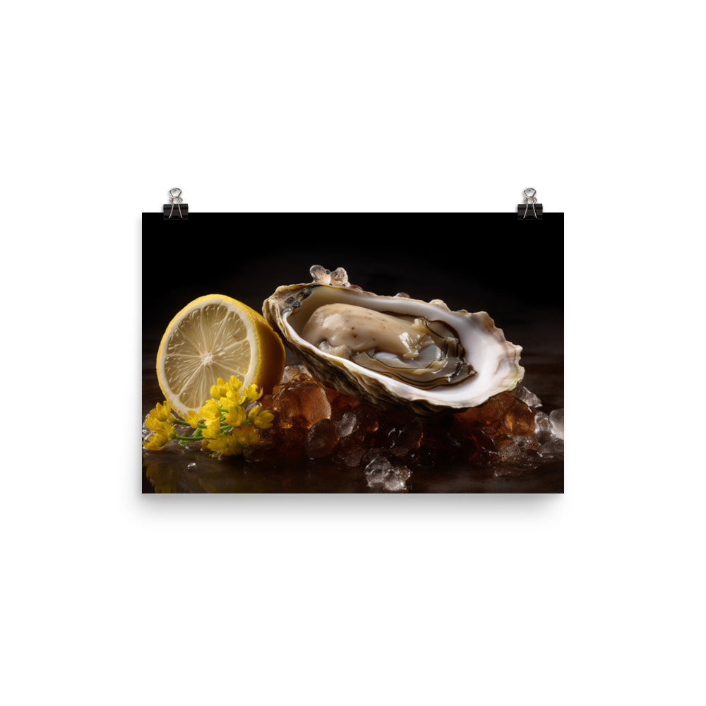 Succulent Belon oyster with lemon wedge photo paper poster - Posterfy.AI