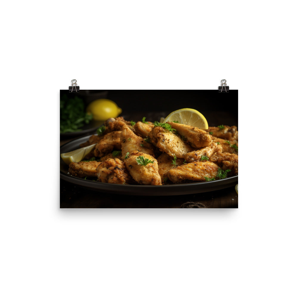 Zesty Lemon Pepper Chicken Wings on a Platter photo paper poster - Posterfy.AI