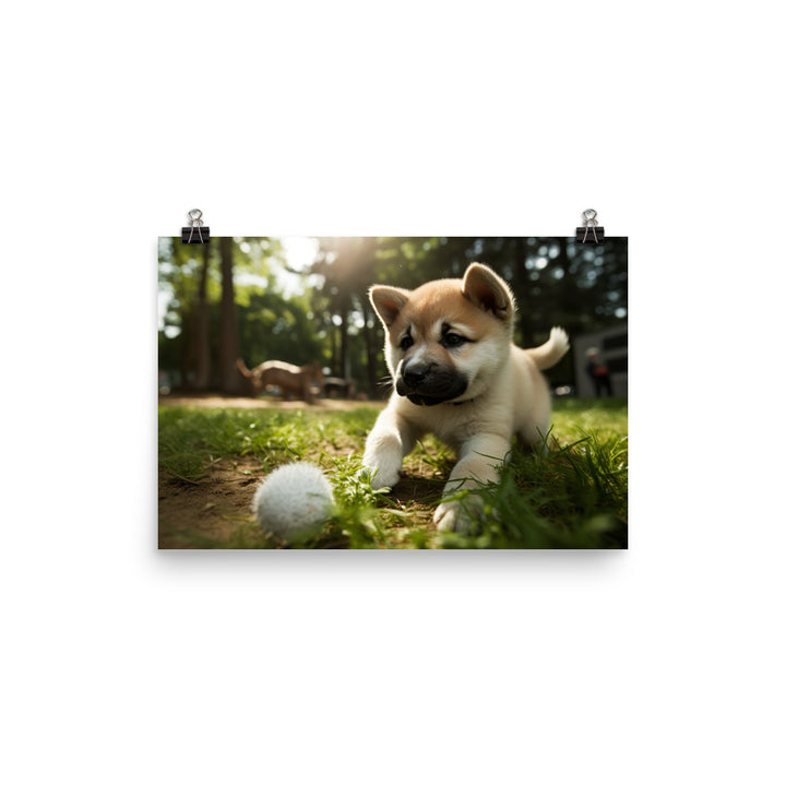 Akita Pup Playtime in the Park photo paper poster - Posterfy.AI