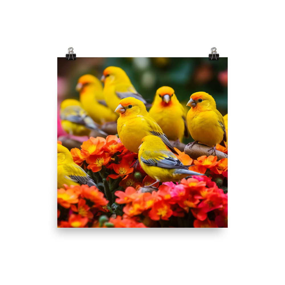 Colorful canaries in a blooming garden Photo paper poster - PosterfyAI.com