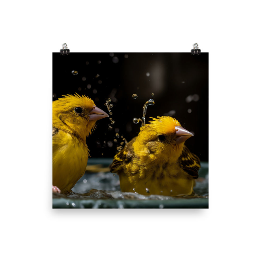 Canaries enjoying a bath Photo paper poster - PosterfyAI.com