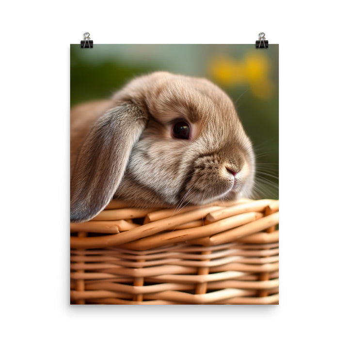 Mini Lop Bunny in a Wicker Basket Photo paper poster - PosterfyAI.com