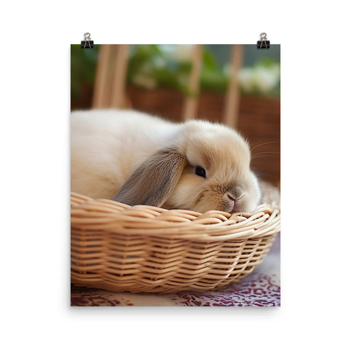 Mini Lop Bunny in a Wicker Basket Photo paper poster - PosterfyAI.com