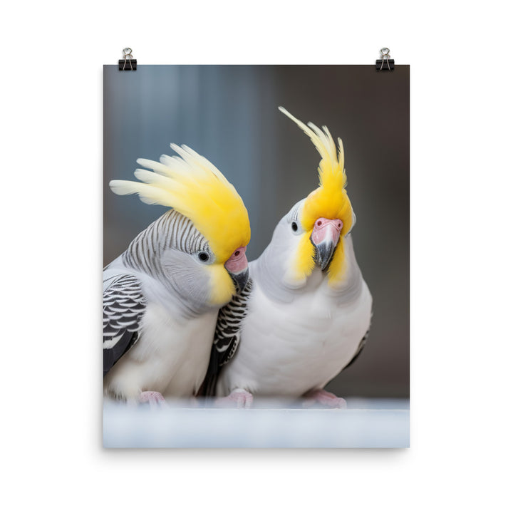 Cute and Curious Cockatiels Photo paper poster - PosterfyAI.com