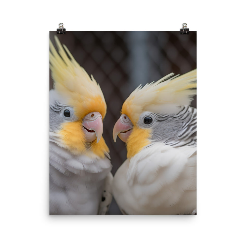 Cute and Curious Cockatiels Photo paper poster - PosterfyAI.com