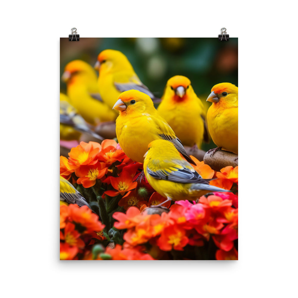 Colorful canaries in a blooming garden Photo paper poster - PosterfyAI.com