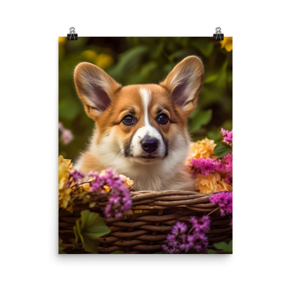 Welsh Corgi Puppy in a Basket Photo paper poster - PosterfyAI.com