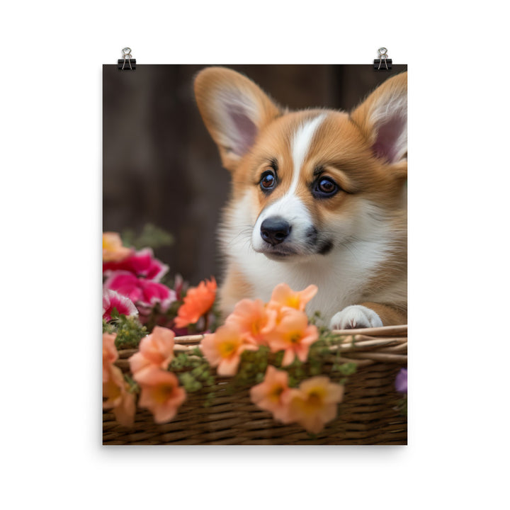 Welsh Corgi Puppy in a Basket Photo paper poster - PosterfyAI.com