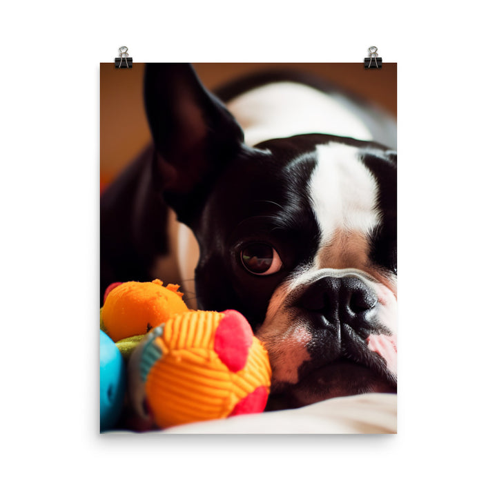 Happy Boston Terrier with Toys Photo paper poster - PosterfyAI.com