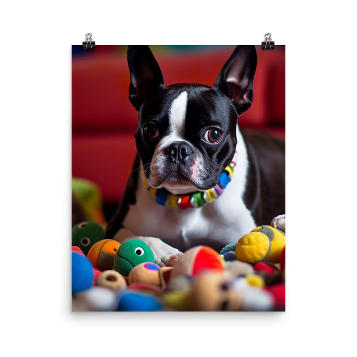 Happy Boston Terrier with Toys Photo paper poster - PosterfyAI.com
