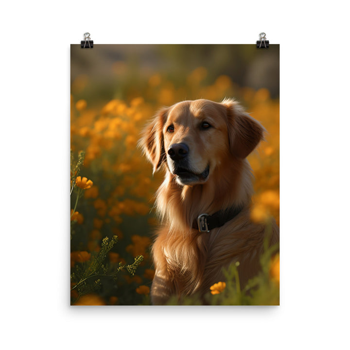 Golden Retriever in a Field of Flowers Photo paper poster - PosterfyAI.com