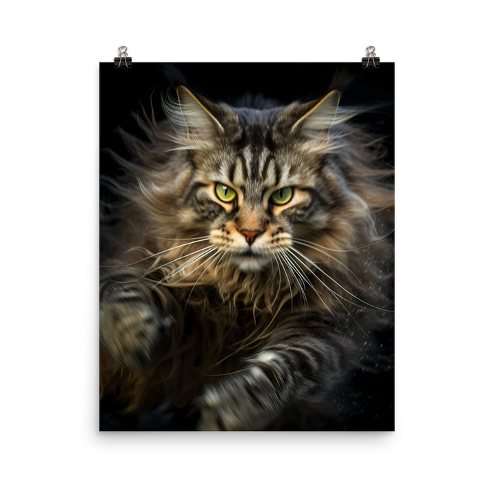 Playful Maine Coon in Action Photo paper poster - PosterfyAI.com