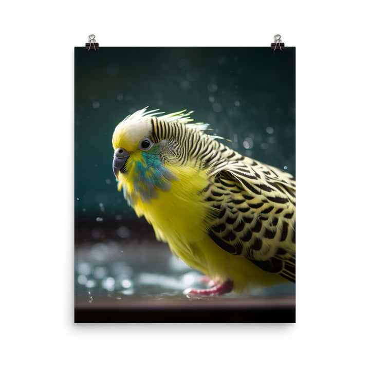 Budgie Taking a Bath Photo paper poster - PosterfyAI.com