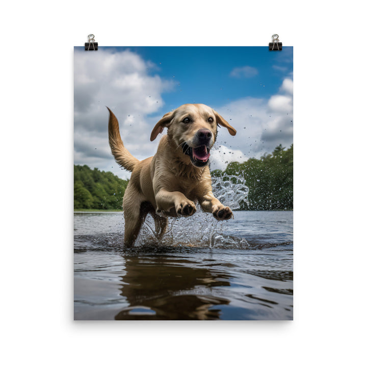 A Labrador Retriever jumping into a lake Photo paper poster - PosterfyAI.com