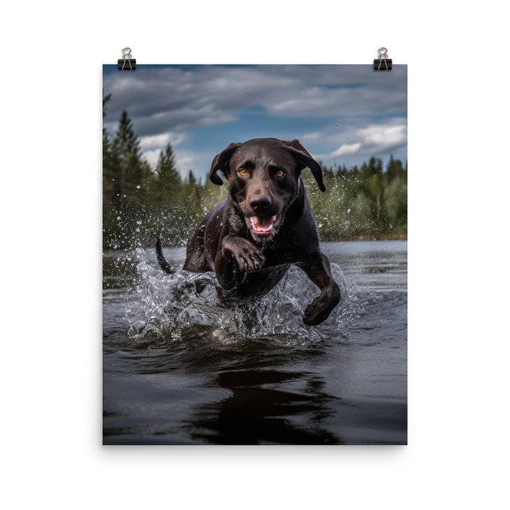 A Labrador Retriever jumping into a lake Photo paper poster - PosterfyAI.com