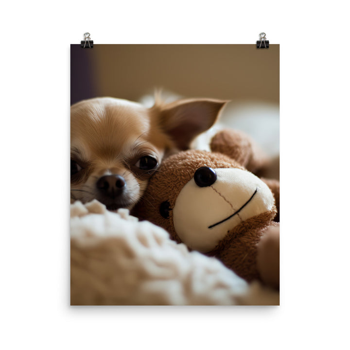 A Chihuahua snuggled up with a plush toy Photo paper poster - PosterfyAI.com