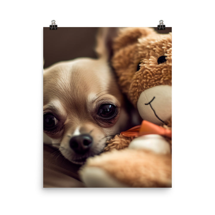 A Chihuahua snuggled up with a plush toy Photo paper poster - PosterfyAI.com