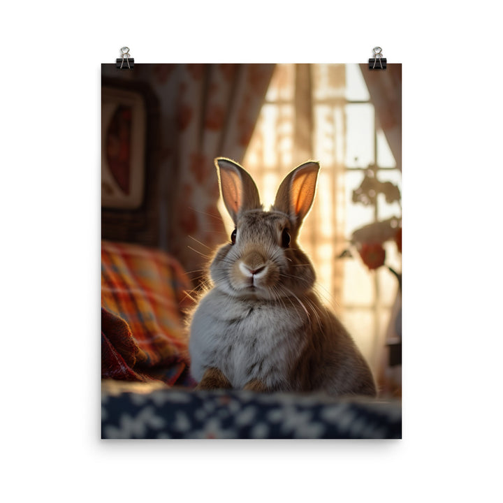 Harlequin Bunny in a Cozy Setting Photo paper poster - PosterfyAI.com