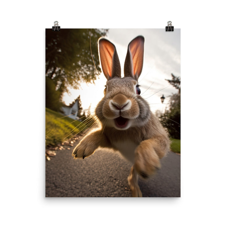 Flemish Giant Bunny Enjoying a Playful Hop Photo paper poster - PosterfyAI.com