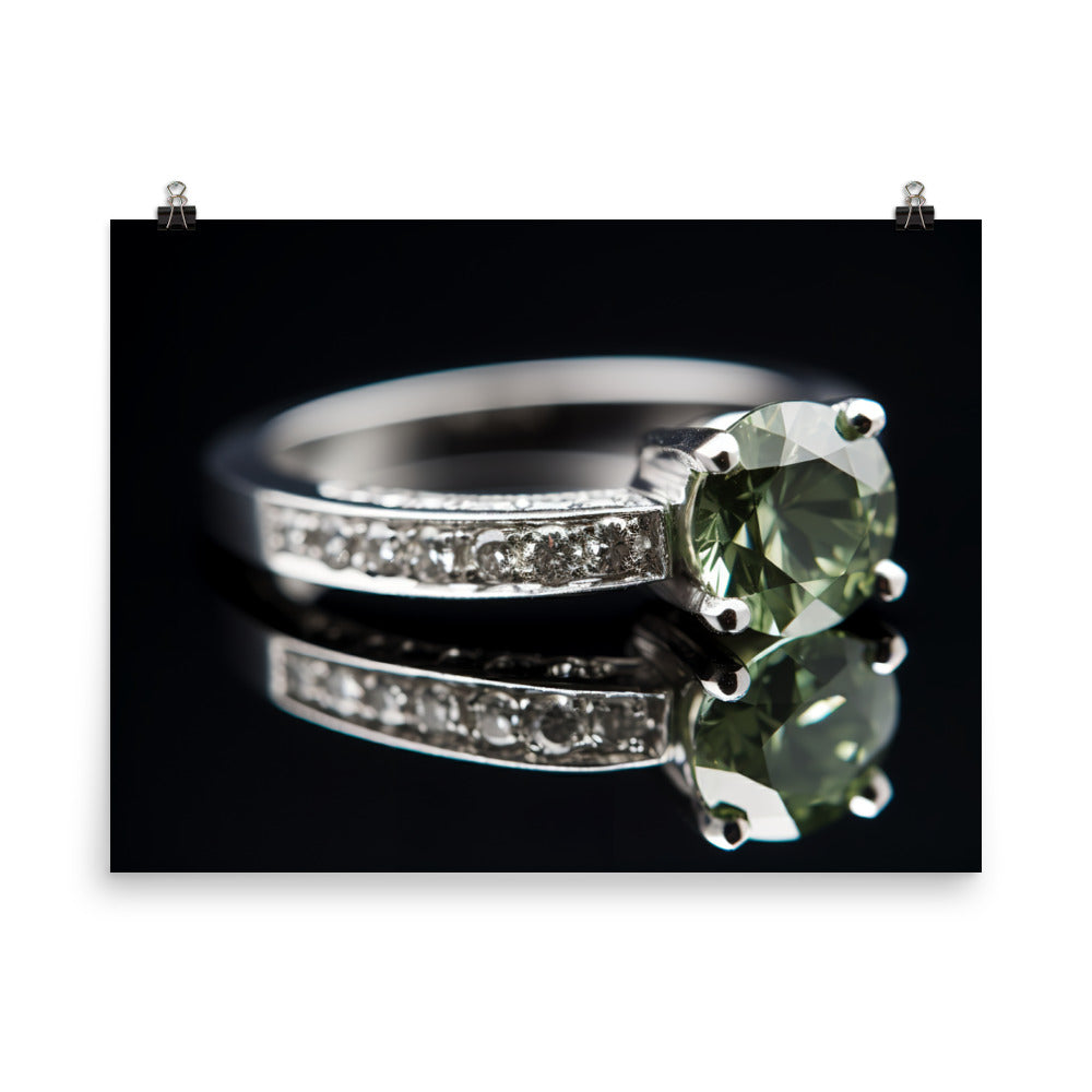 A green diamond mounted on a white gold band photo paper poster - Posterfy.AI