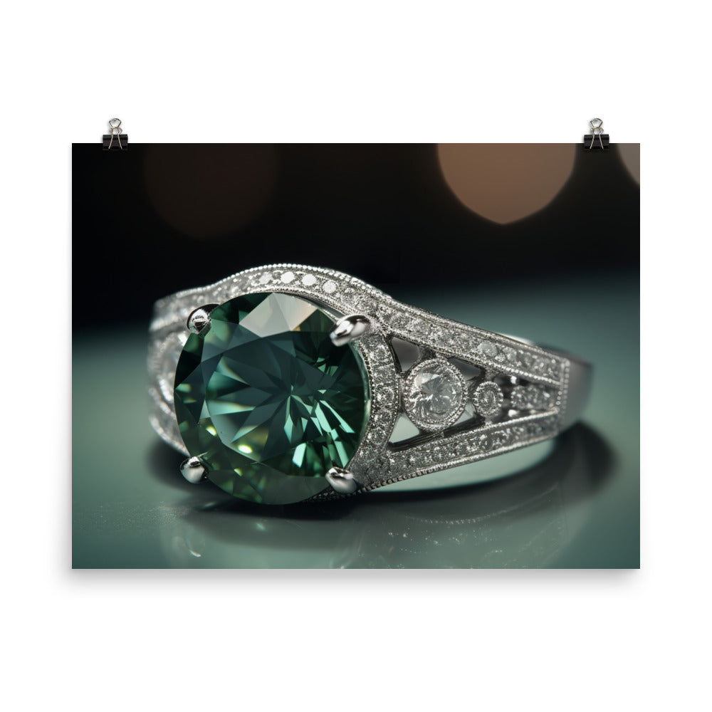 A green diamond mounted on a white gold band photo paper poster - Posterfy.AI