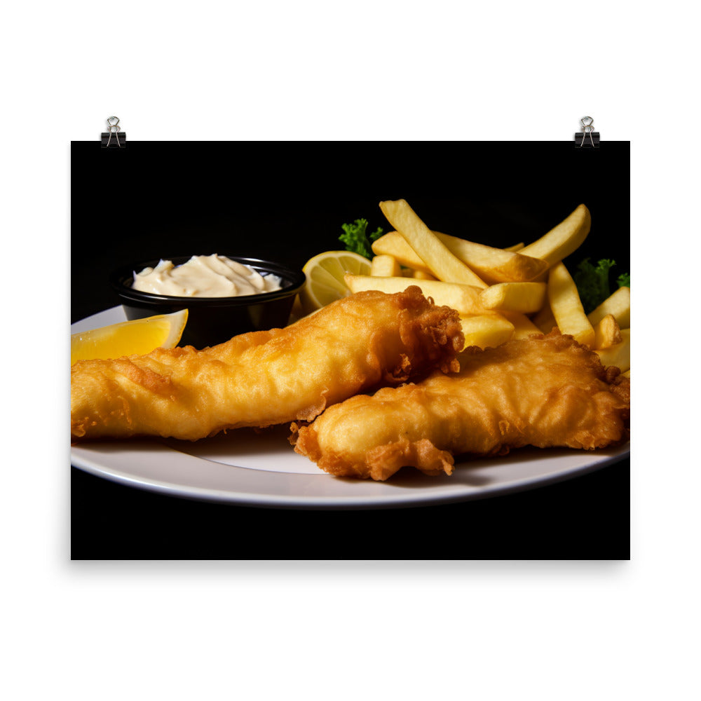 A plate of crispy fish and chips photo paper poster - Posterfy.AI