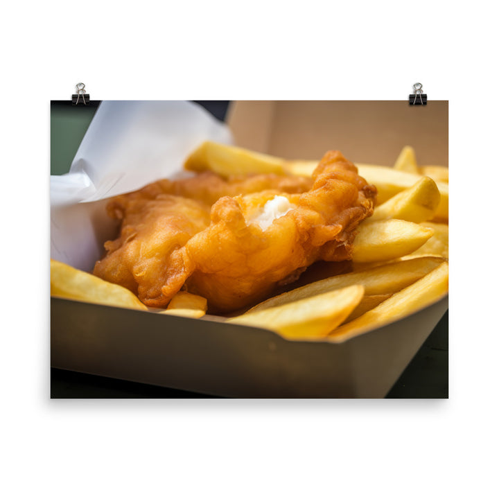 A piping hot serving of fish and chips photo paper poster - Posterfy.AI