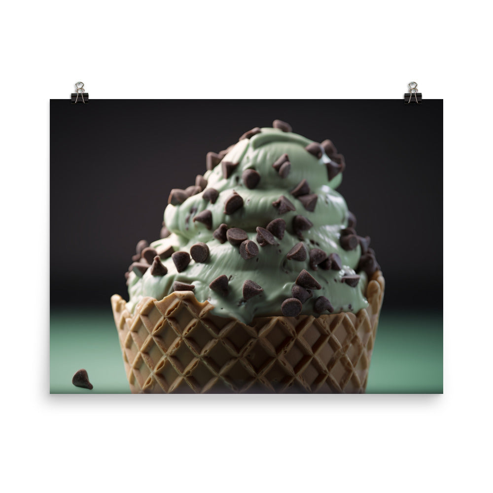 Mint Chocolate Chip Soft Serve Waffle Cone photo paper poster - Posterfy.AI