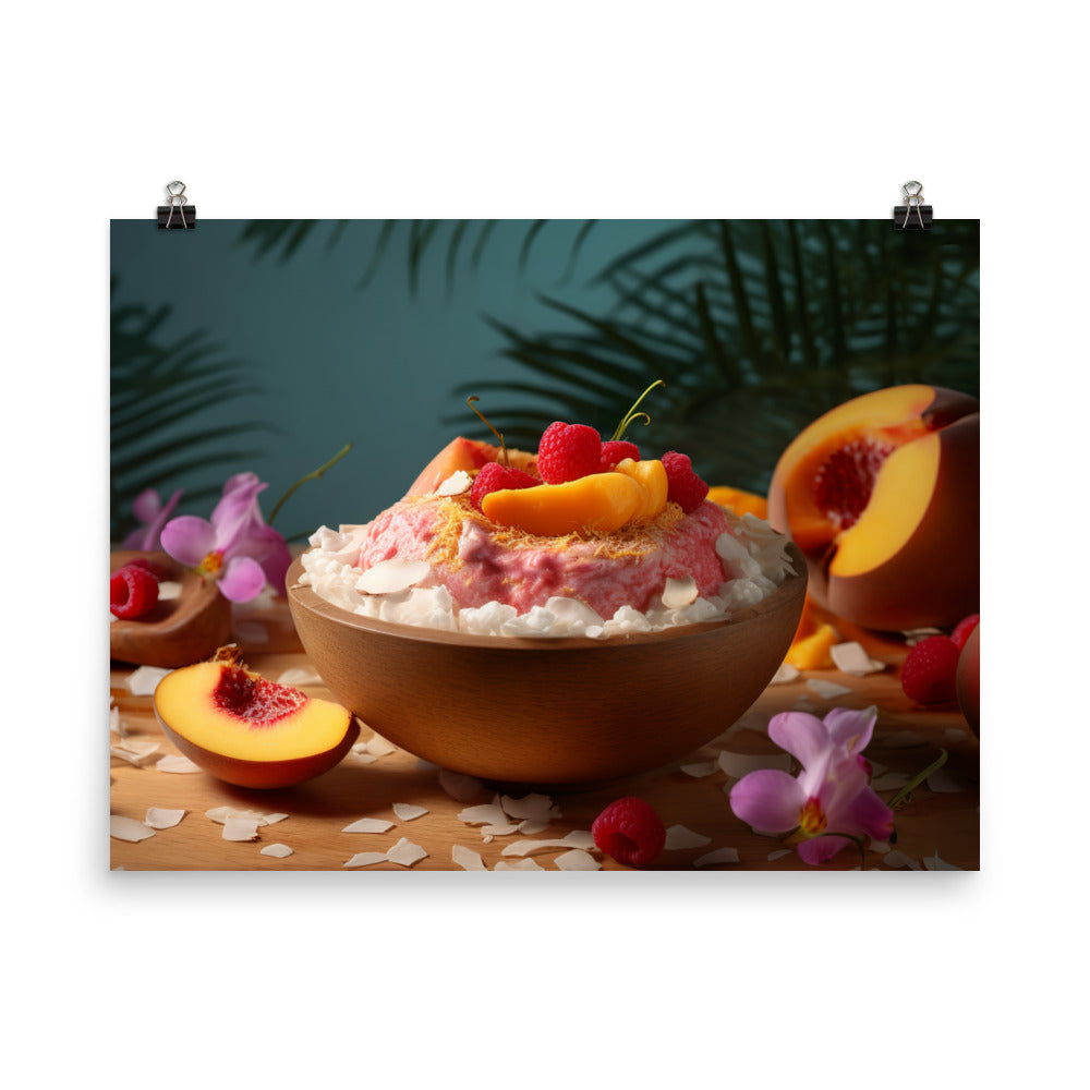 Peach raspberry smoothie in a coconut bowl photo paper poster - Posterfy.AI