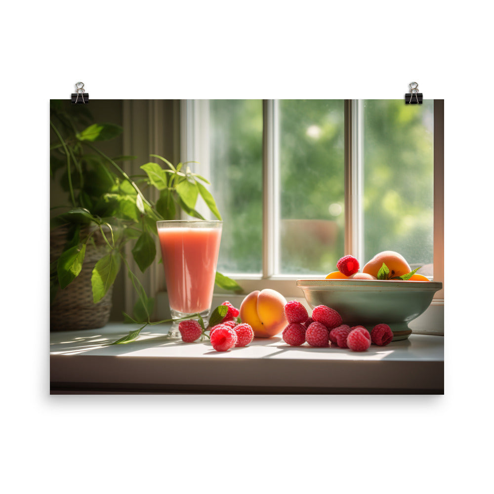 A glass of peach raspberry smoothie photo paper poster - Posterfy.AI