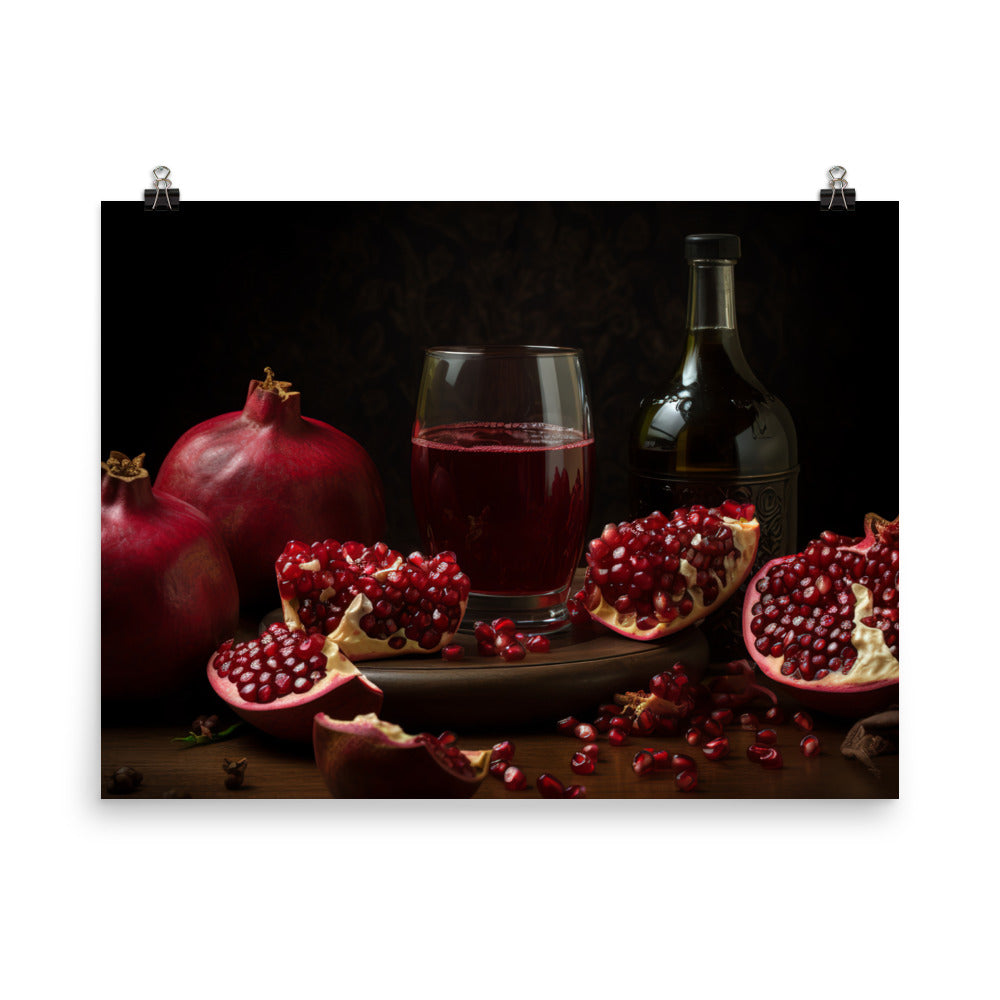 Pomegranate halves and a glass of juice photo paper poster - Posterfy.AI