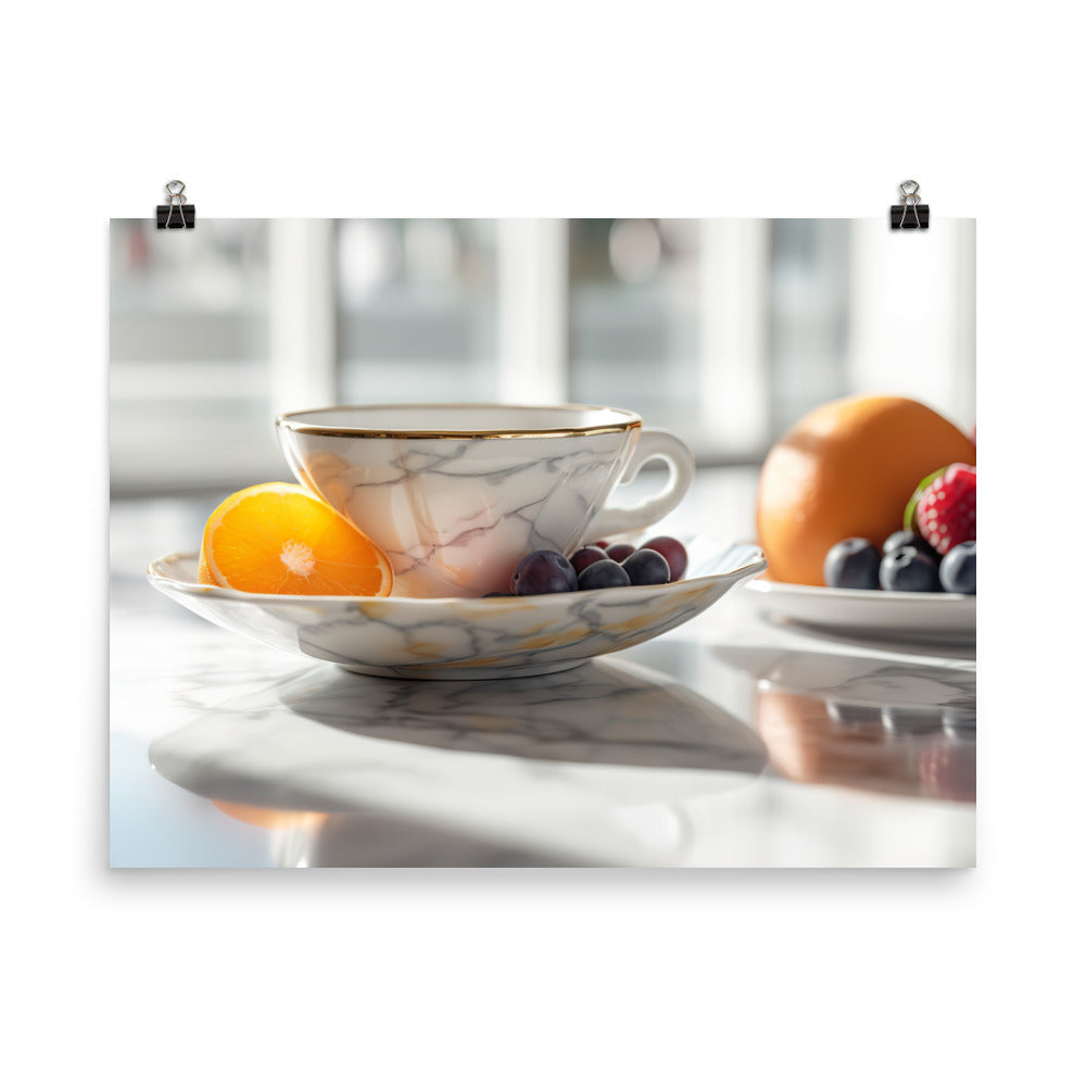 White tea cup and fruit photo paper poster - Posterfy.AI