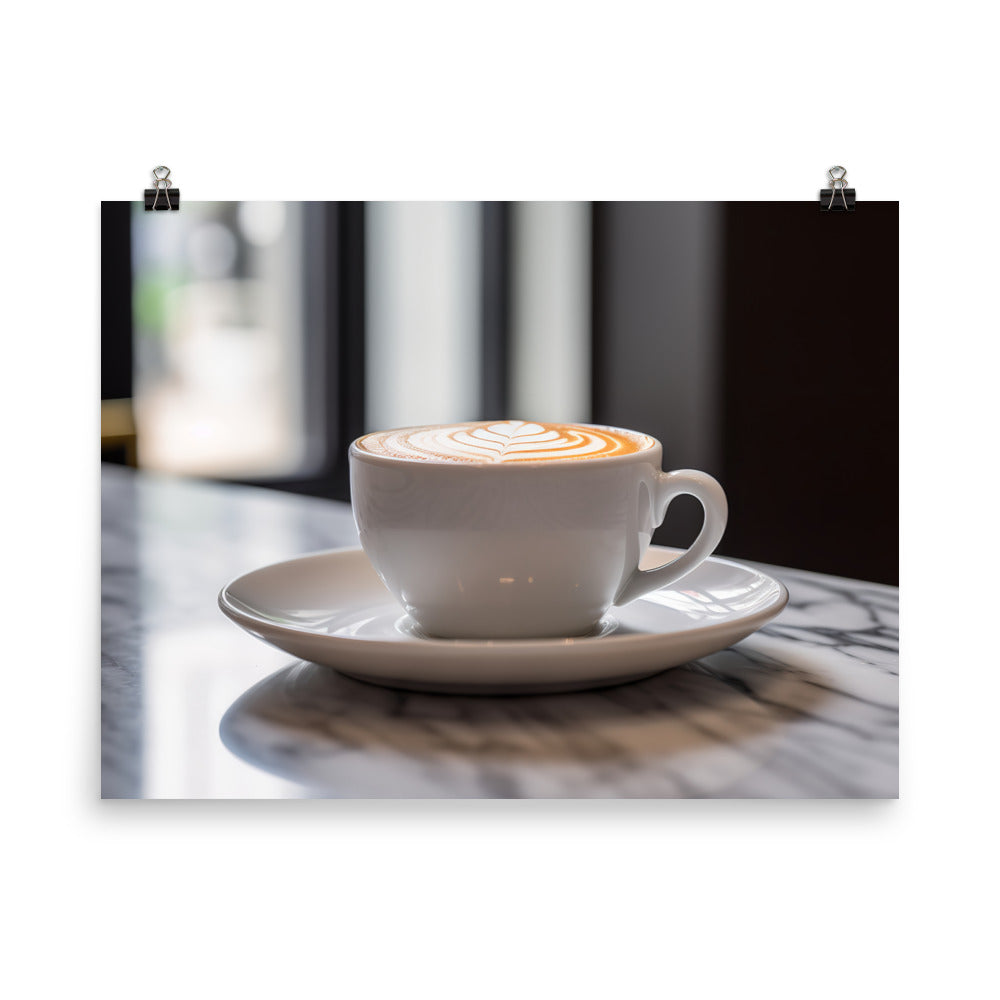 Flat white served in a white ceramic cup photo paper poster - Posterfy.AI