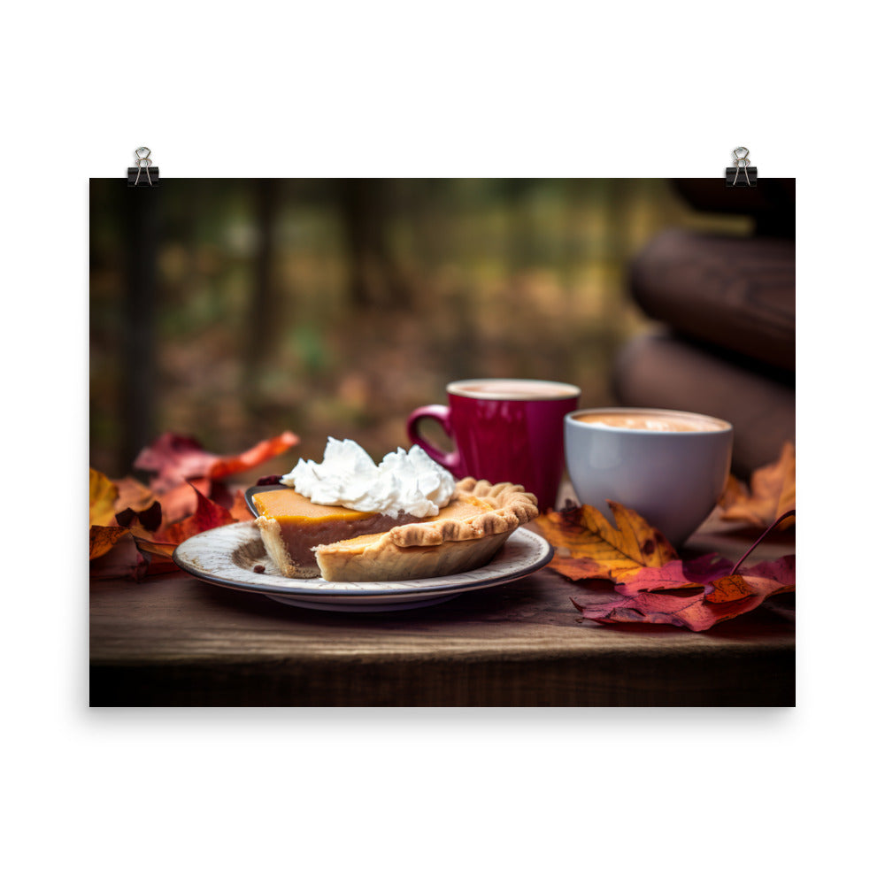 A latte and a slice of freshly baked pie photo paper poster - Posterfy.AI