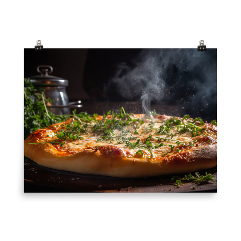 Pizza topped with melted Parmesan cheese photo paper poster - Posterfy.AI