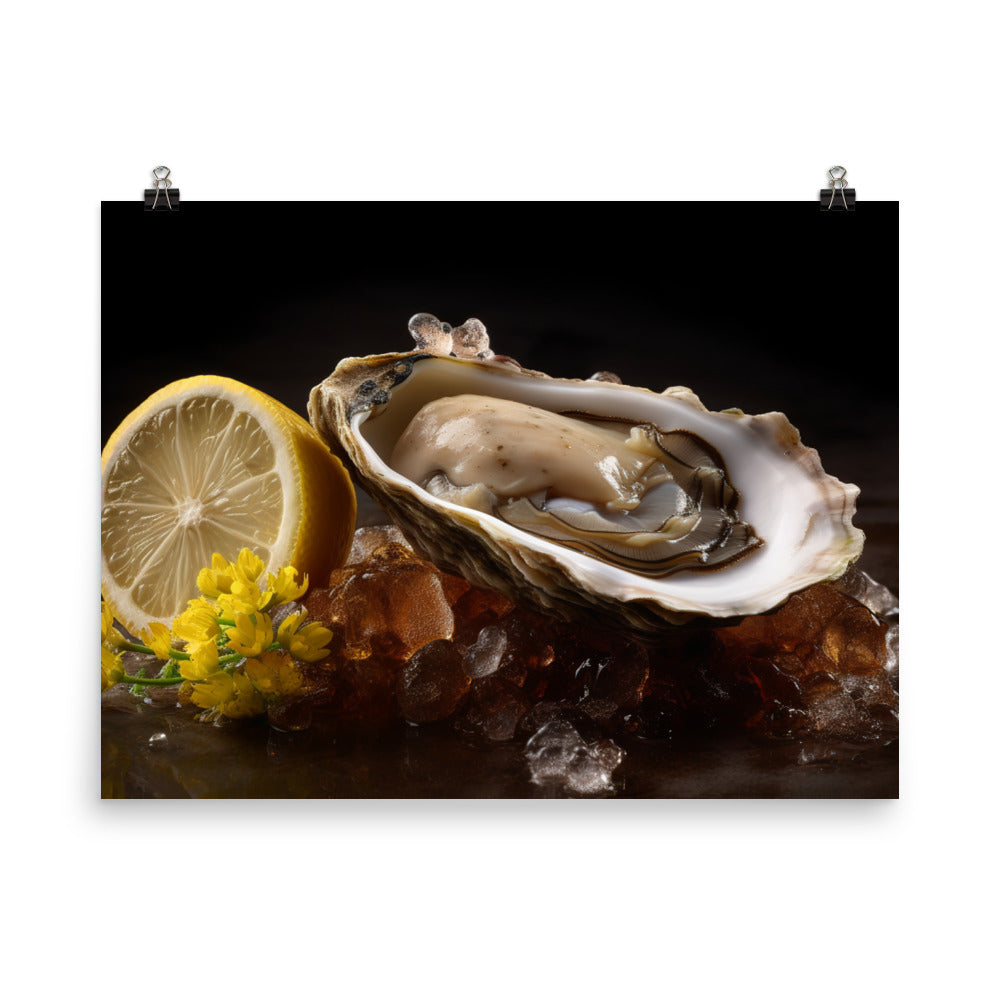 Succulent Belon oyster with lemon wedge photo paper poster - Posterfy.AI