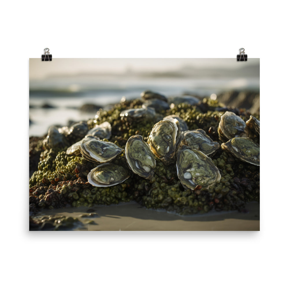 European Flat Oysters on a Bed of Seaweed photo paper poster - Posterfy.AI