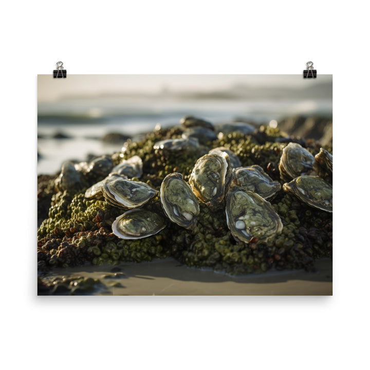 European Flat Oysters on a Bed of Seaweed photo paper poster - Posterfy.AI
