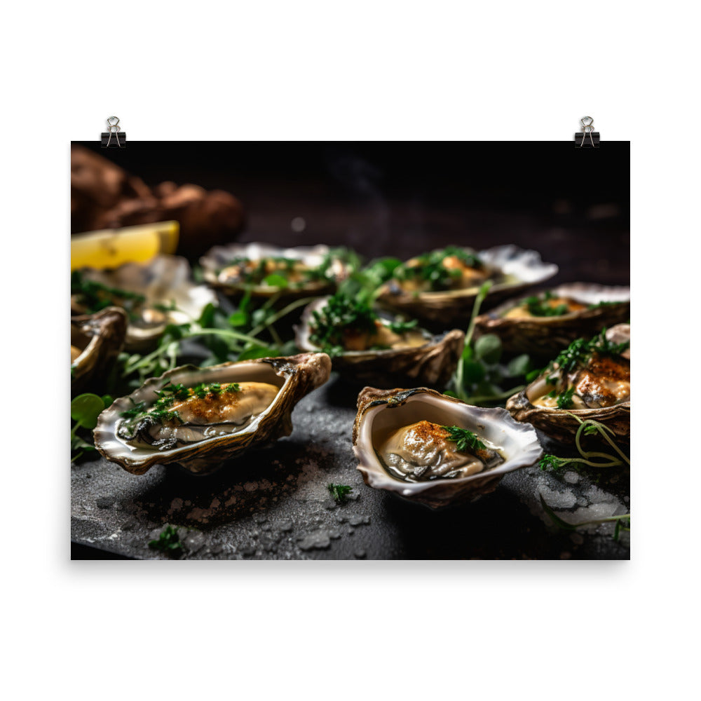Grilled Olympia Oysters with Herb Butter photo paper poster - Posterfy.AI
