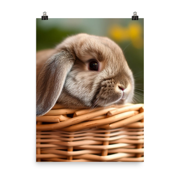 Mini Lop Bunny in a Wicker Basket Photo paper poster - PosterfyAI.com