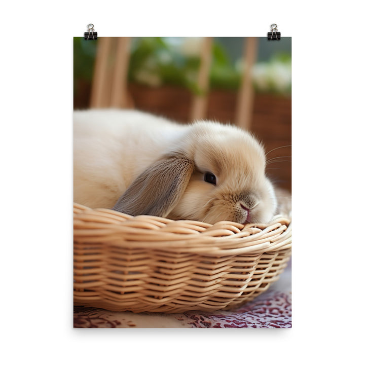Mini Lop Bunny in a Wicker Basket Photo paper poster - PosterfyAI.com