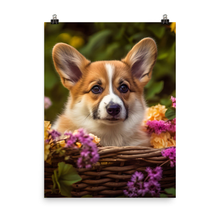 Welsh Corgi Puppy in a Basket Photo paper poster - PosterfyAI.com