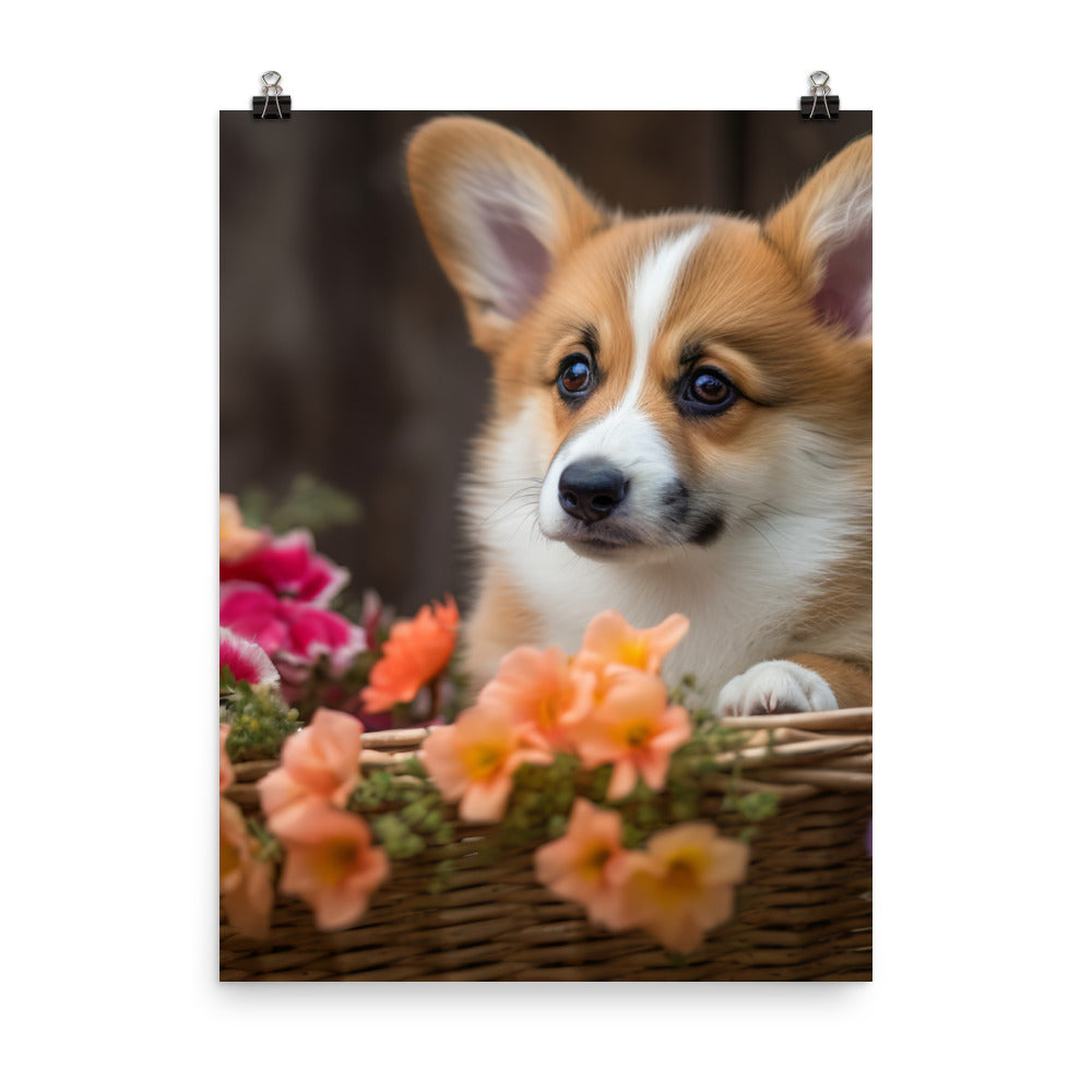 Welsh Corgi Puppy in a Basket Photo paper poster - PosterfyAI.com