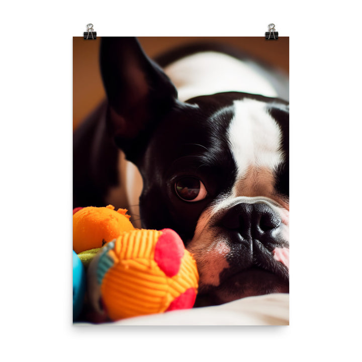 Happy Boston Terrier with Toys Photo paper poster - PosterfyAI.com