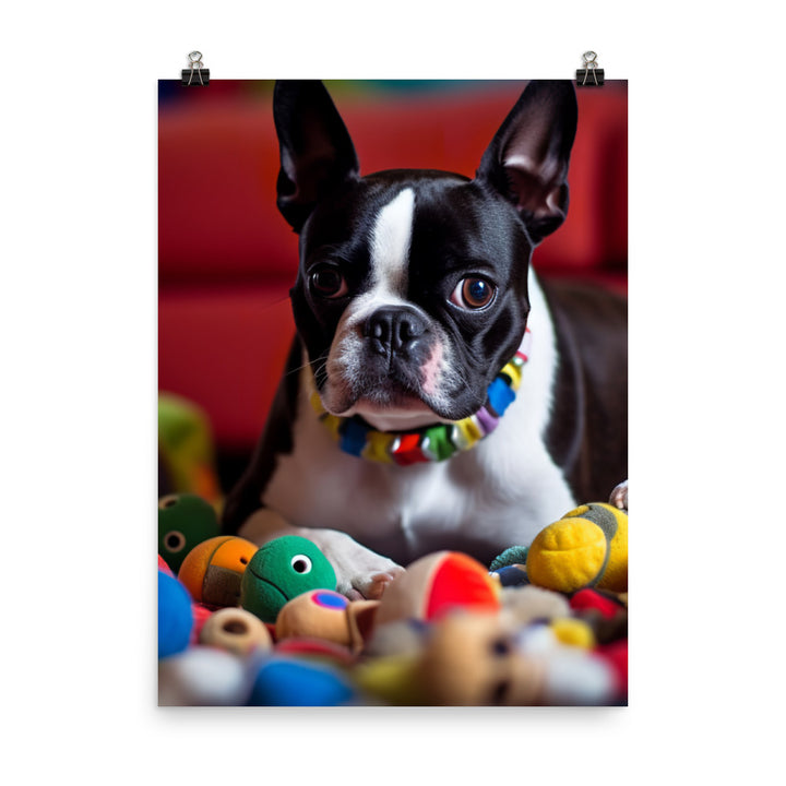 Happy Boston Terrier with Toys Photo paper poster - PosterfyAI.com