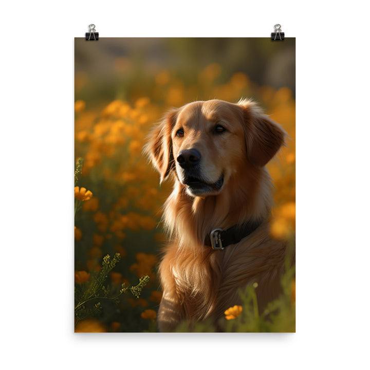 Golden Retriever in a Field of Flowers Photo paper poster - PosterfyAI.com
